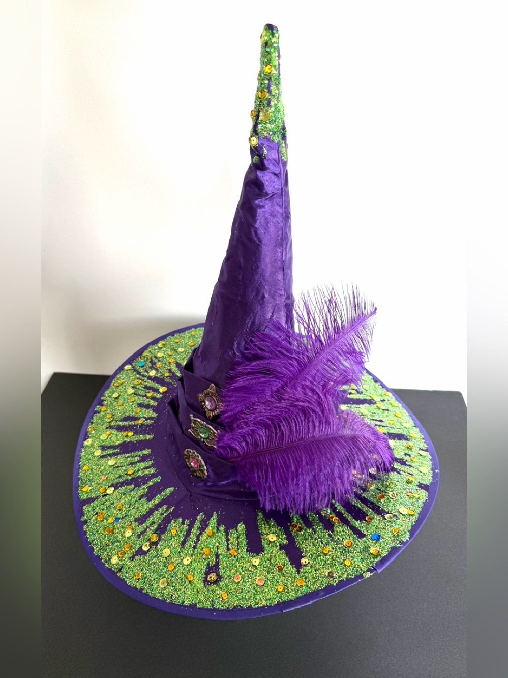 Purple Witch Hat satin ostrich feathers Green sparkle Trim brim one size adult - Picture 3 of 12